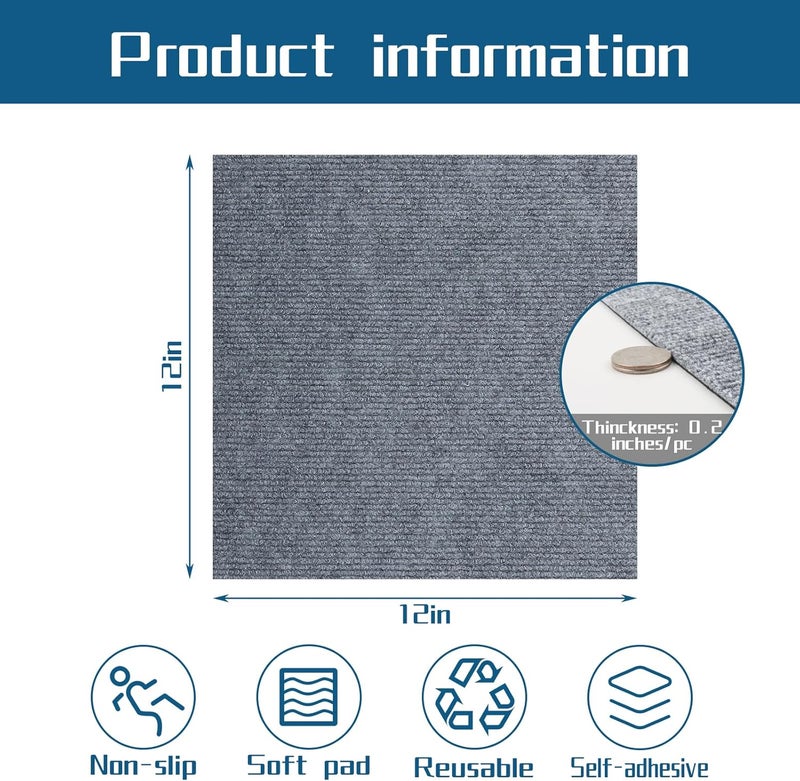 SOKEA Carpet Tiles Peel and Stick, Self Adhesive Carpet Floor Tile 10 Tiles/10 sq Ft Anti-Slip Squares Soft Padded Carpet Tiles for Kitchen Bedrooms Indoor Outdoor（12" x 12"） - Image 2